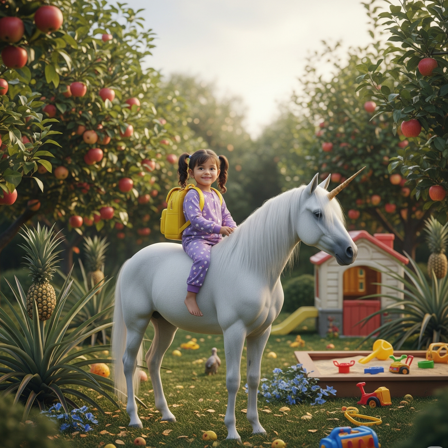 Child riding a unicorn in a backyard with fruit trees and a toy house.
